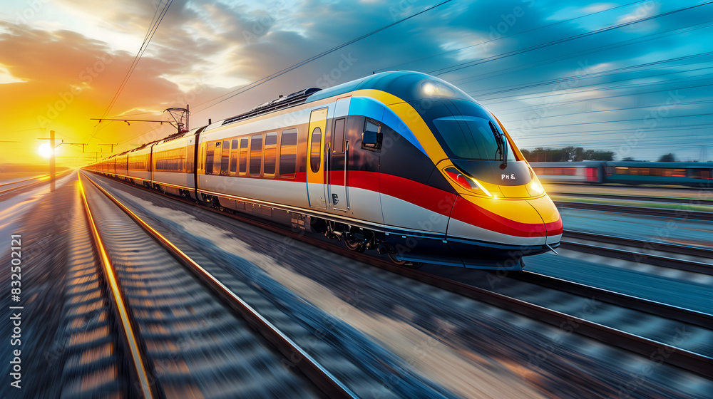 Naklejka premium sleek, modern high-speed train races down the tracks at sunset, showcasing advanced transportation technology. The dynamic angle and vibrant colors emphasize speed, efficiency, and progress