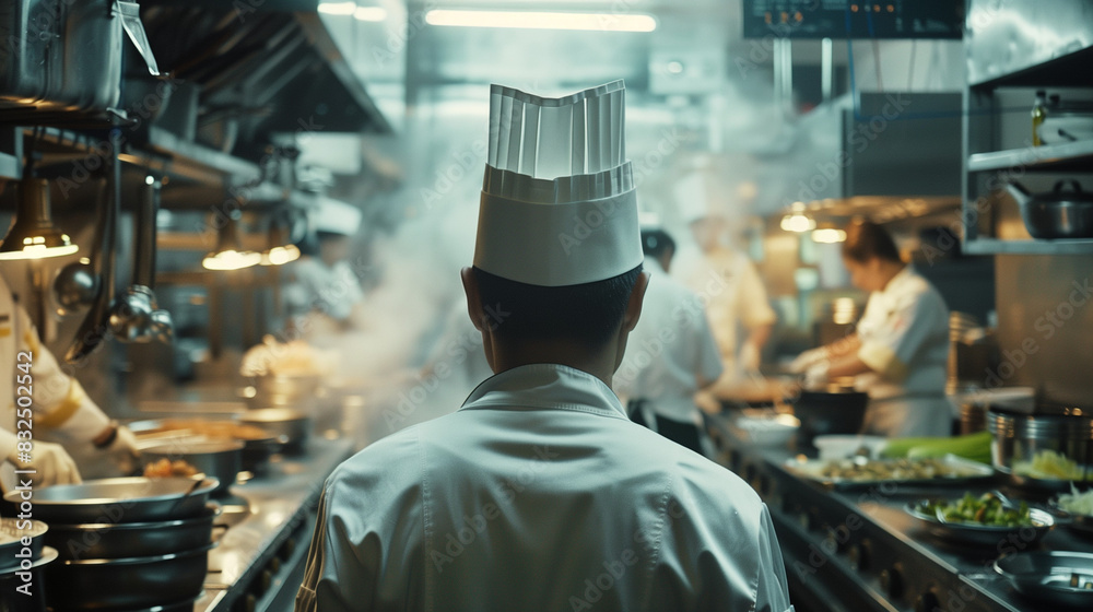 Fototapeta premium A chef in a white coat and hat standing with their back to the camera, observing a busy kitchen with cooks preparing meals, emphasizing culinary expertise and the restaurant industry. 