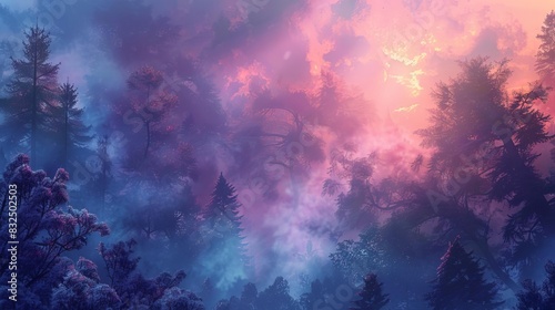 mystical foggy forest with fairies and mythical creatures at sunrise colorful serenity aerial fantasy landscape digital painting