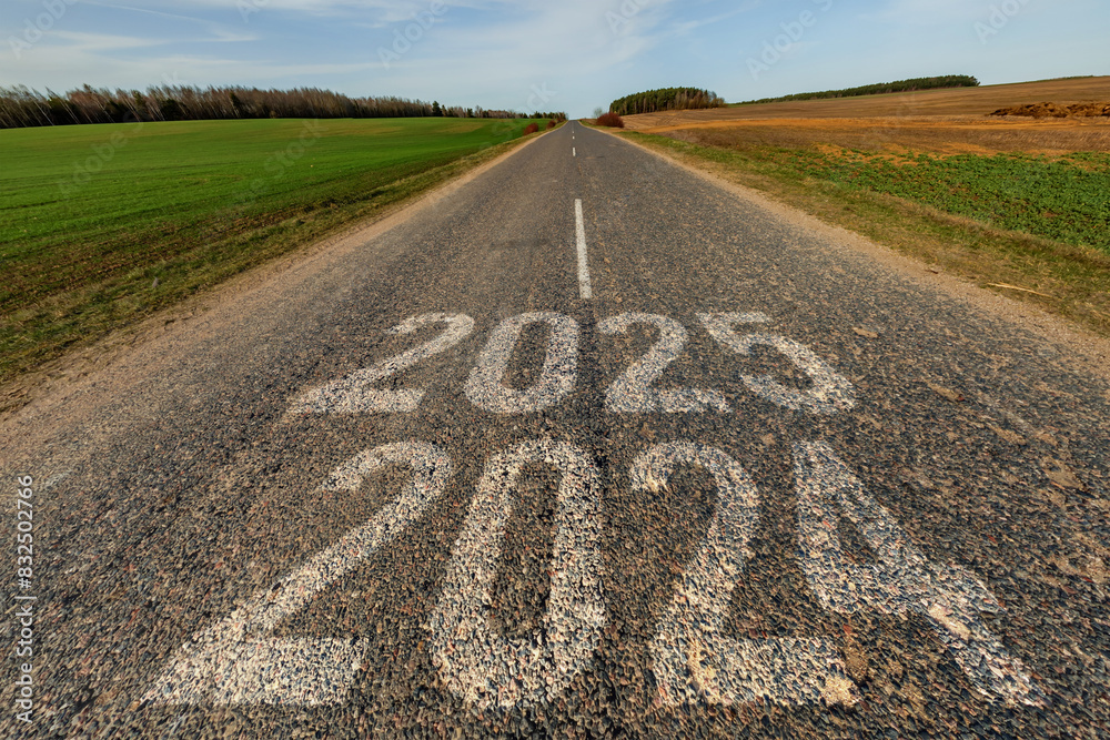Naklejka premium numbers 2024, 2025 on asphalt road highway. concept of destination in future, freedom, work start, run, planning, challenge, target, new year