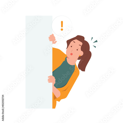 Surprised woman looking out and peeking from behind wall with curiosity, shock discovery concept illustration