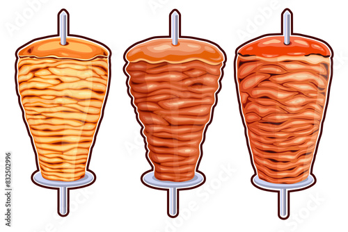 Doner kebab. Shawarma consisting of meat cut into thin slices, stacked in a cone-like shape, and roasted on a slowly-turning vertical rotisserie or spit. on white background. Vector illustration.