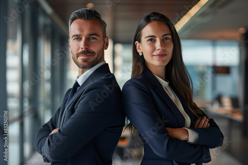 Corporate photography of two business professionals standing back-to-back in a modern office, confident expressions, professional attire