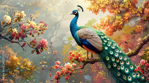 peacock on branch with colorful flowers 3d wallpaper mural background digital art