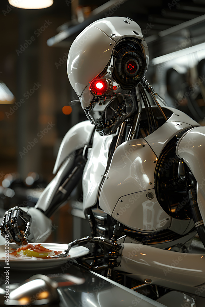 Fototapeta premium Environmental Art: Robotic Chef Plating Culinary Masterpiece, Created with C4D Renderings and Blender, Featuring High Detail and Resolution