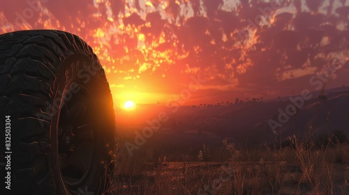 Offroad tire at sunset for adventure themed designs © Yusif