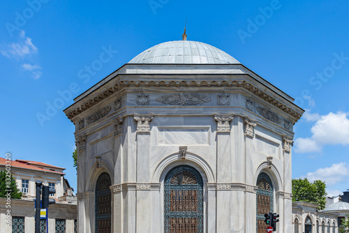 The mausoleum where the tomb of Sultan Abdulhamid Khan II is located. It seems to be isolated by a clear sunny sky. photo