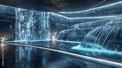 Glowing Waterfall in Futuristic Underground Cave Pool