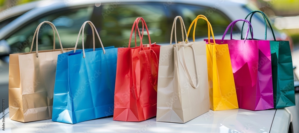 Grocery bags placed in car trunk at shopping center parking area for convenience