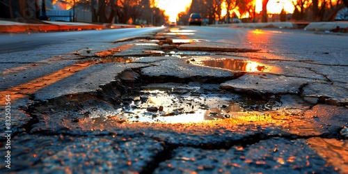 Neglected Urban Infrastructure: A City Road Riddled with Potholes. Concept Potholes, Urban Decay, Neglected Infrastructure, City Roads, Civic Neglect photo
