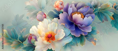 A composition of pastel-colored flowers with intricate details  set against a light  gradient background.