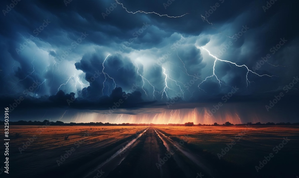 Thunderstorm scene with multiple lightning strikes and hailstones pelting the ground