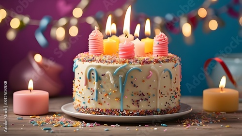 Birthday Cake With Lit Candles and Sprinkles - Celebrate With a Delicious Sweet Treat!