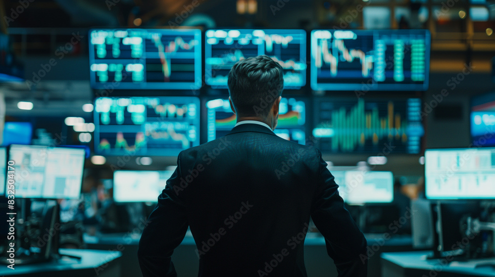 A stockbroker in a suit standing with their back to the camera, facing a busy trading floor with large screens displaying stock prices and trends, emphasizing the fast-paced world of stock trading.
A stockbroker in a suit standing with their back to the camera, facing a busy trading floor with large screens displaying stock prices and trends, emphasizing the fast-paced world of stock trading.