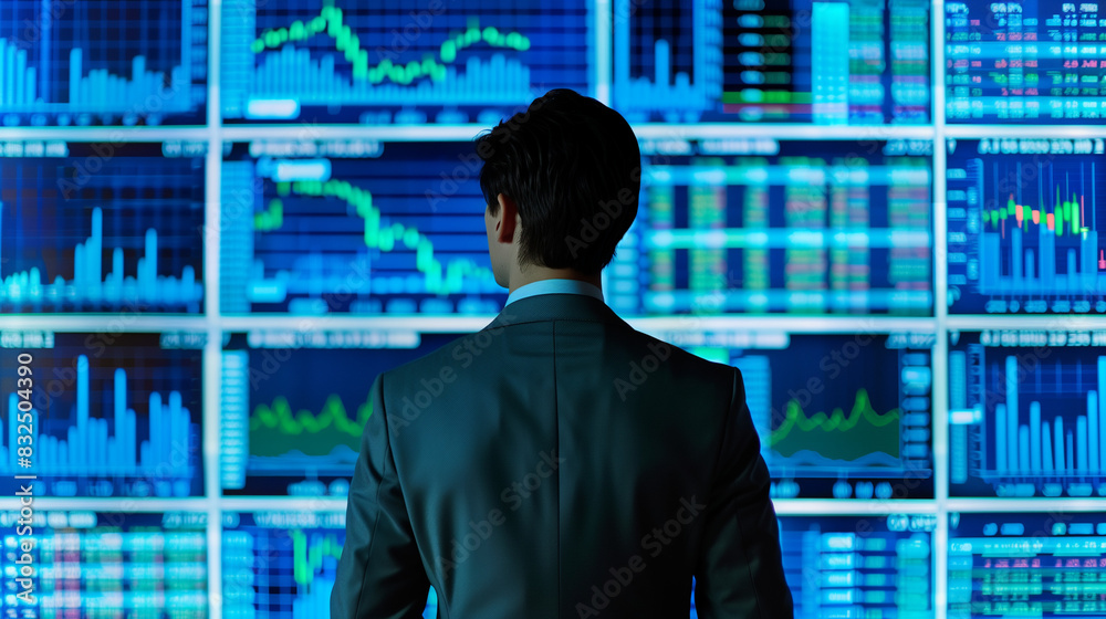A stockbroker in a suit standing with their back to the camera, facing a busy trading floor with large screens displaying stock prices and trends, emphasizing the fast-paced world of stock trading.
A stockbroker in a suit standing with their back to the camera, facing a busy trading floor with large screens displaying stock prices and trends, emphasizing the fast-paced world of stock trading.