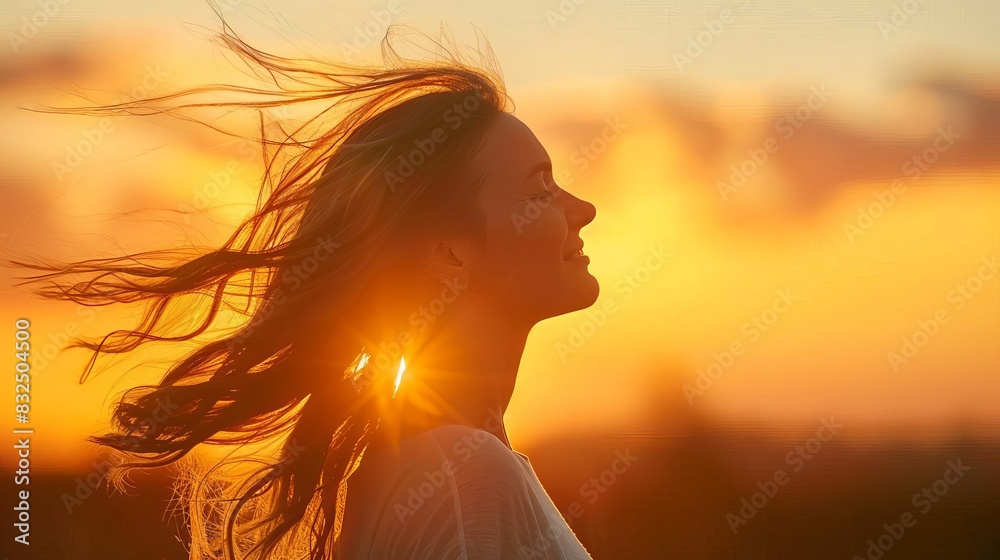 radiant woman with flowing hair joyful silhouette in vibrant sunset uplifting aspirational portrait radiant woman with flowing hair joyful silhouette in vibrant sunset uplifting aspirational portrait