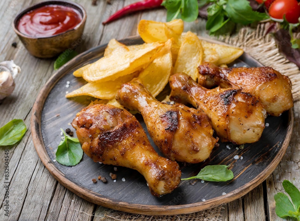 Barbecue chicken drumsticks with chips on wooden table Barbecue chicken drumsticks with chips on wooden table
