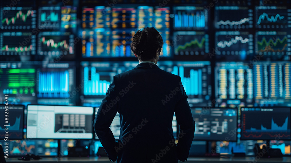 A stockbroker in a suit standing with their back to the camera, facing a busy trading floor with large screens displaying stock prices and trends, emphasizing the fast-paced world of stock trading.
A stockbroker in a suit standing with their back to the camera, facing a busy trading floor with large screens displaying stock prices and trends, emphasizing the fast-paced world of stock trading.
