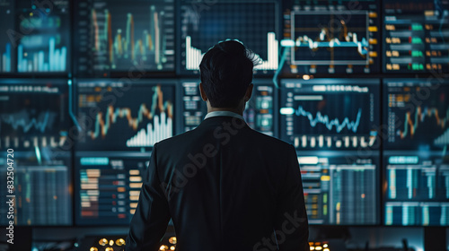 A stockbroker in a suit standing with their back to the camera, facing a busy trading floor with large screens displaying stock prices and trends, emphasizing the fast-paced world of stock trading. 