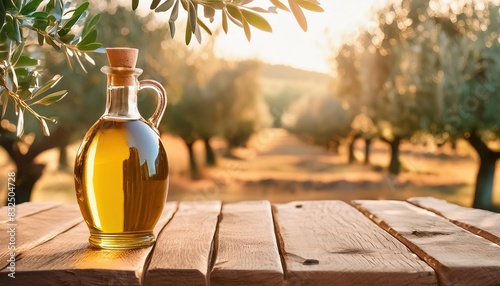 Golden olive oil bottle on wooden table olive field in morning sunshine with copyspace area photo