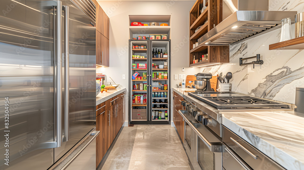 Spacious modern office with sleek shelves stocked like a high-end grocery store Spacious modern office with sleek shelves stocked like a high-end grocery store