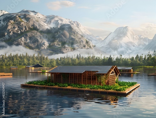 Serene Floating Cabin Amid Majestic Mountains and Tranquil Lake Surrounded by Lush Forest