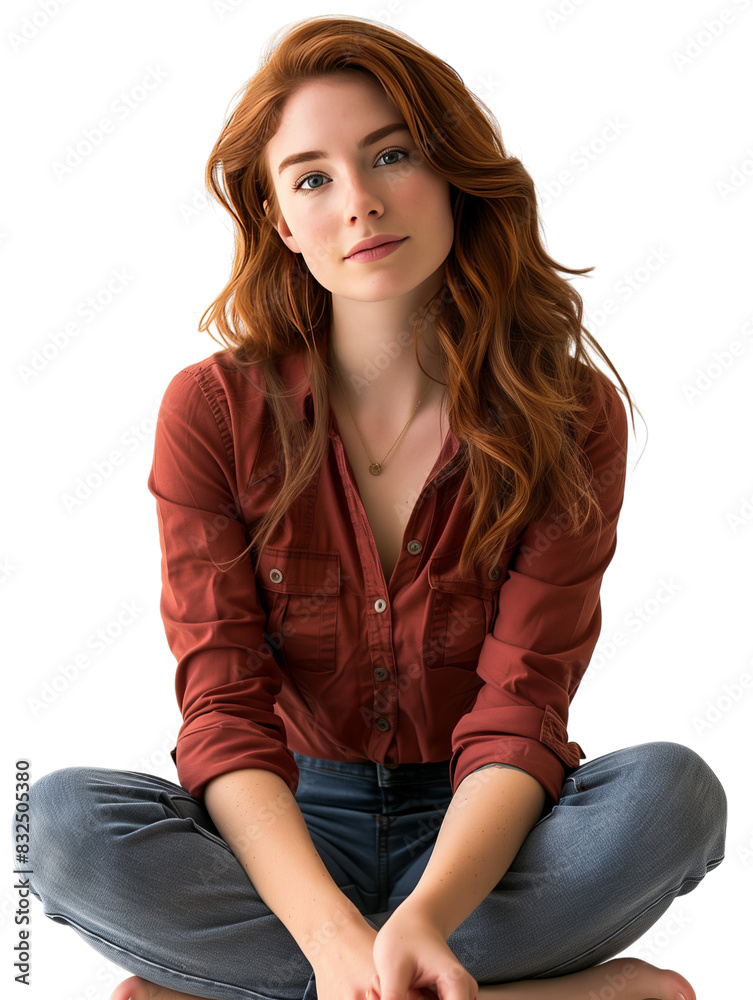 Casual Young Woman Sitting Cross-Legged, Relaxed and Thoughtful, Isolated on Transparent Background, PNG. Casual Young Woman Sitting Cross-Legged, Relaxed and Thoughtful, Isolated on Transparent Background, PNG.