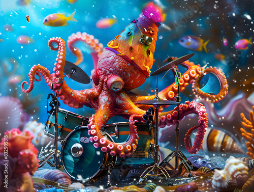 Texture Art  Charismatic Octopus Drumming on Seashell Stage in Frozen Tundras