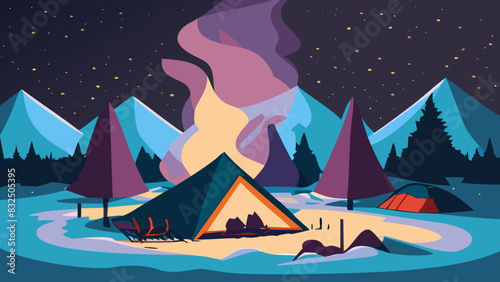 Campfire, mountains, starry sky at night.