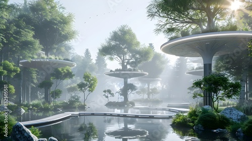 Surreal Futuristic Landscape with Floating Gardens and Water Fountains
