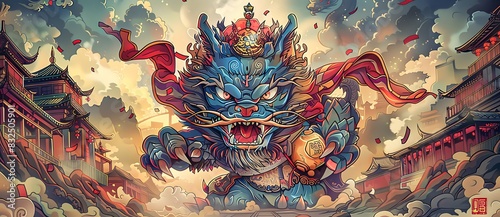 A dynamic and colorful depiction of a fierce mythical creature in a traditional setting, with vibrant architectural elements and a sense of movement. © 文广 张