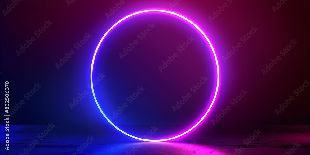 Neon Circular Light with Reflection on Water in Dark Background for Futuristic Design Concepts