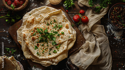 Fresh Armenian lavash bread, which is distinguished by its characteristic thinness and elasticity. Its golden-brown skin gently crunches when touched, and the inside is soft and springy. photo