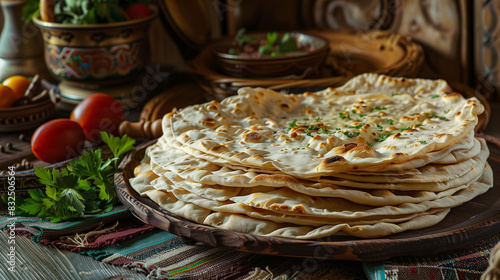 Fresh Armenian lavash bread, which is distinguished by its characteristic thinness and elasticity. Its golden-brown skin gently crunches when touched, and the inside is soft and springy.
