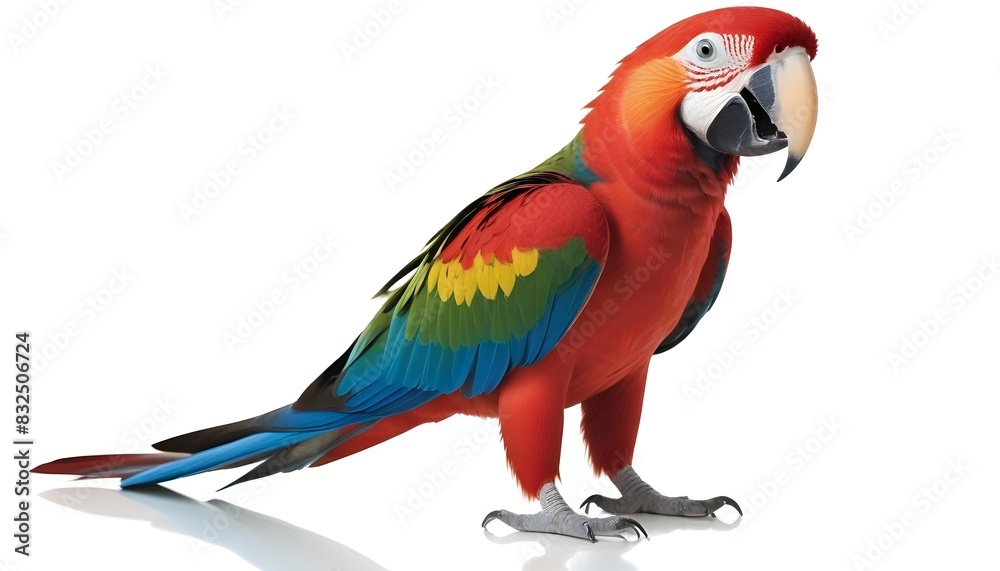 A colorful red, blue, and green parrot with a large beak perched on a surface