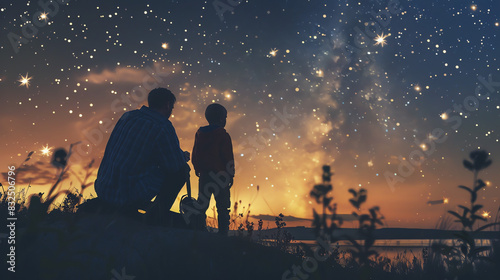 A father and son are standing on a hill looking up at the stars in the night sky photo