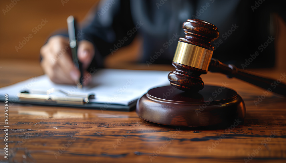 wooden gavel with blurred judge's hand writing on paper wooden gavel with blurred judge's hand writing on paper