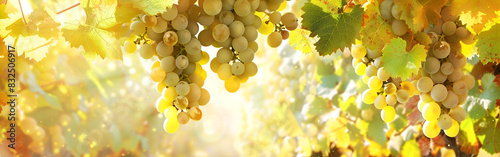 Banner with bunch of ripe green sweet grapes on a vine on blurred landscape background
 photo