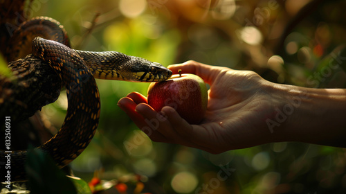 The serpent tempts Eve with an apple in the Garden of Eden.