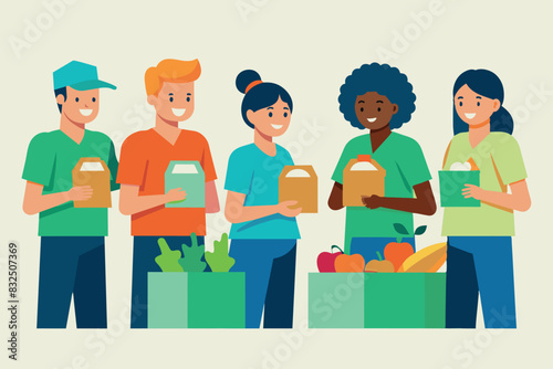 Several cheerful people standing in a row. Each of them is holding a clipboard and standing behind open boxes filled with various fruits such as apples and oranges.The theme is volunteering,