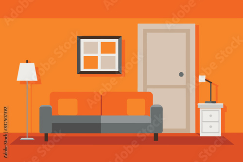 bright and cozy living room. The walls in the room are painted orange and the large window is decorated with yellow curtains. On a gray sofa with yellow cushions is a small round coffee table with an 