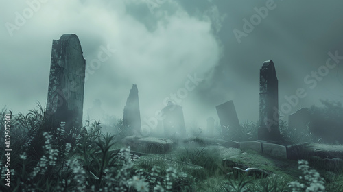 In a dark and mysterious necropolis, fog thickly surrounds the ancient tombstones, giving the whole place a gloomy appearance. photo