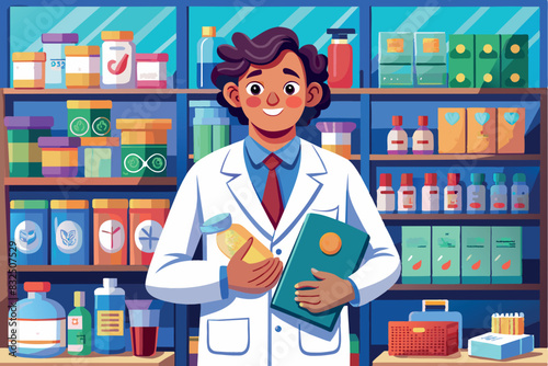 a pharmacist in a white coat standing in front of shelves of various medical products.