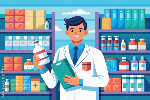 a pharmacist in a white coat standing in front of shelves of various medical products.