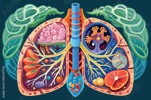 of human lungs, done in bright colors and detailing the anatomy. This is an interesting image that creatively contrasts the effects of healthy and unhealthy environments on human lungs.