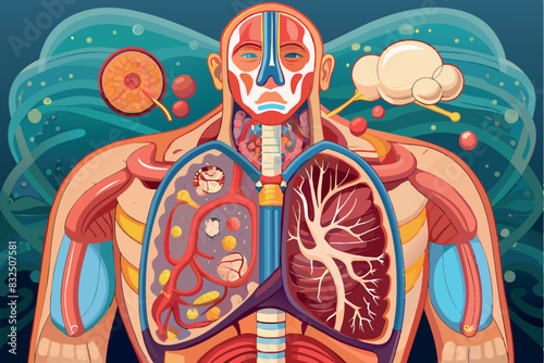 of human lungs, done in bright colors and detailing the anatomy. This is an interesting image that creatively contrasts the effects of healthy and unhealthy environments on human lungs.