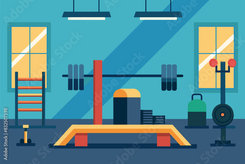 The gym has a variety of machines and equipment including a treadmill, bench press, dumbbells on a rack, kettlebells, punching bag and exercise bike.
