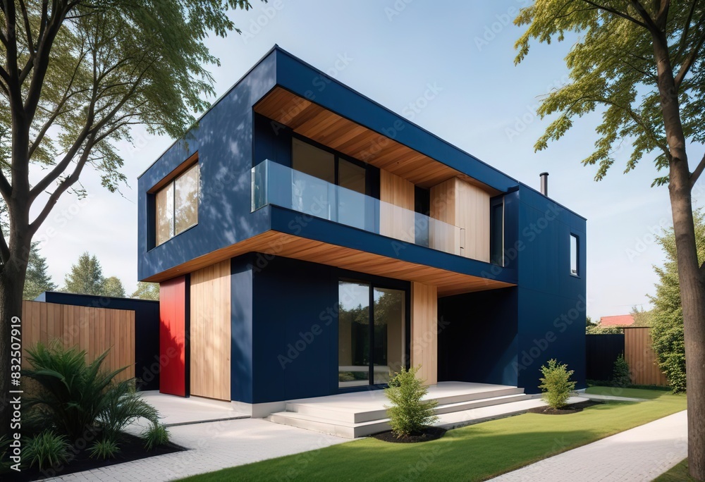 Modern luxury minimalist cubic house, villa with wooden cladding and black panel walls and landscaping design front yard. Residential architecture exterior. Modern luxury minimalist cubic house, villa with wooden cladding and black panel walls and landscaping design front yard. Residential architecture exterior.