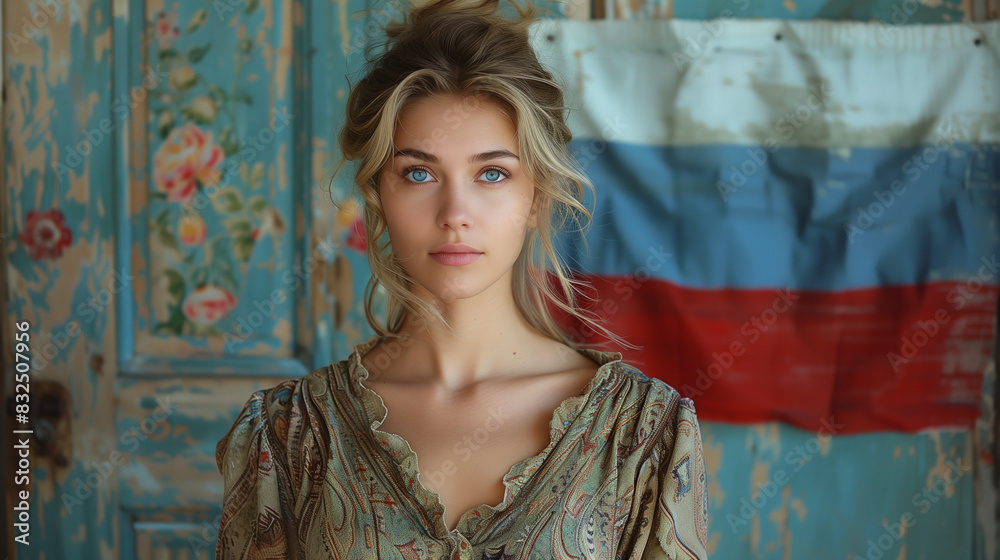 Naklejka premium A woman in a stylish outfit standing with her back to the camera, facing a Russian flag fluttering in the wind, emphasizing national pride and cultural heritage. 