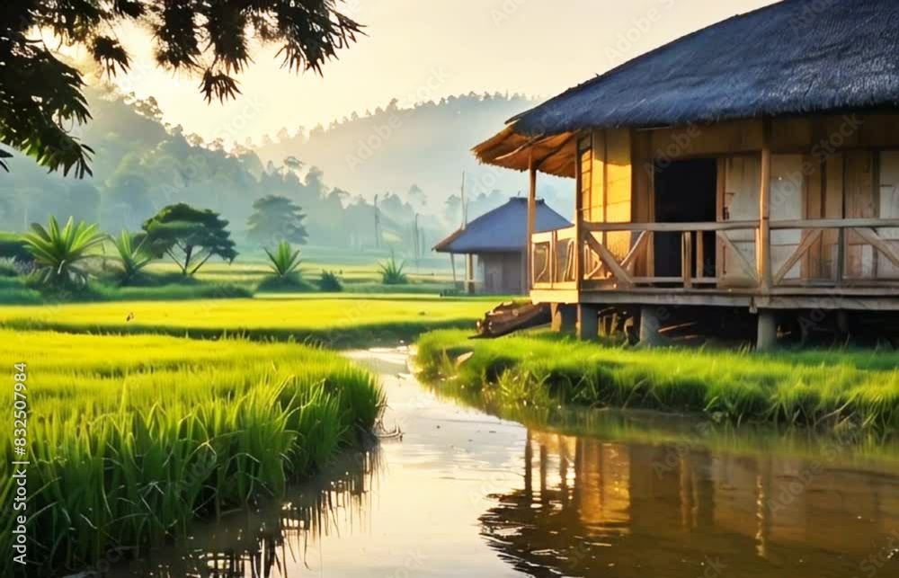 a small hut in the middle of rice fields with a mountain background ...